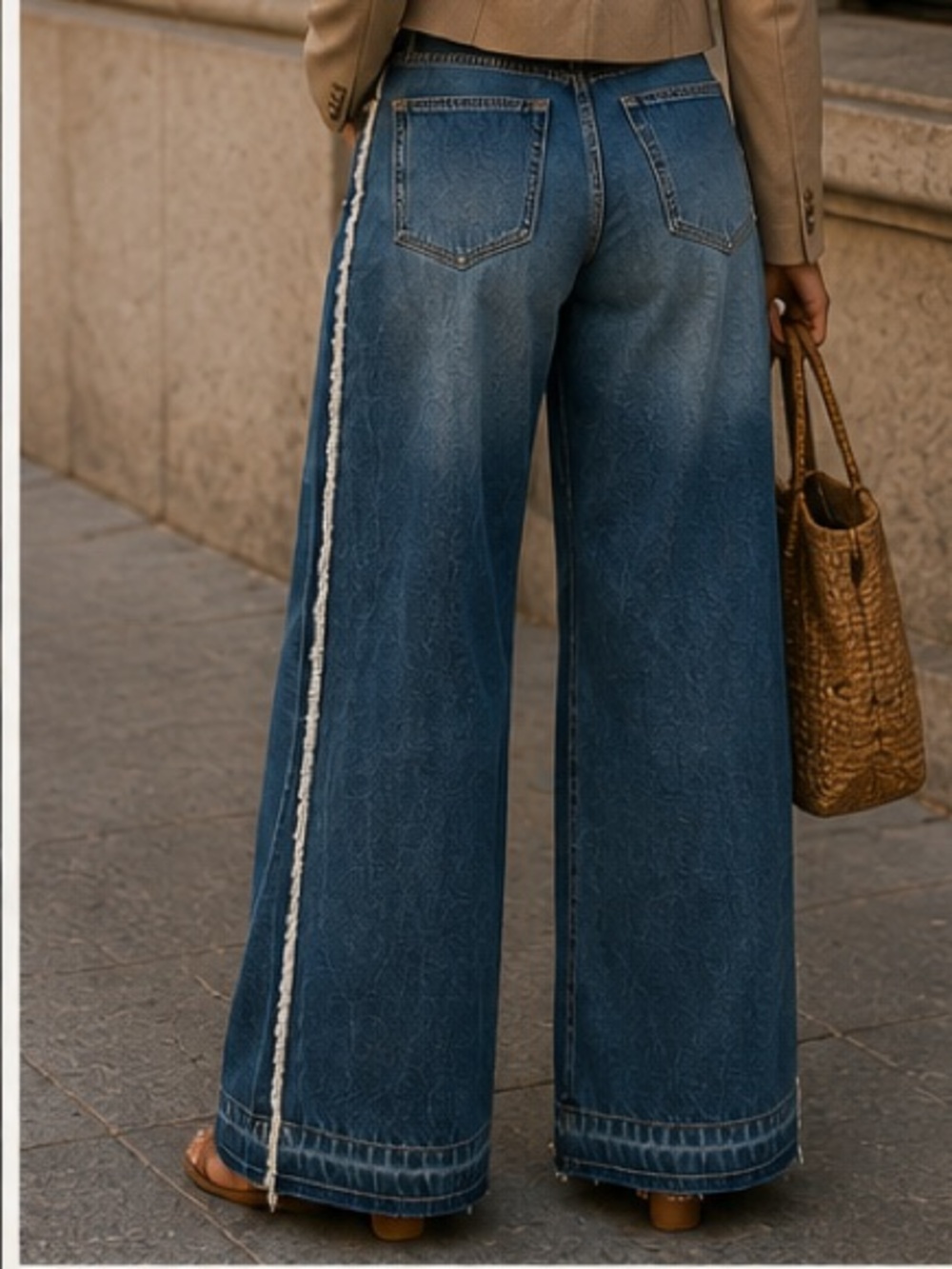 Wide leg frayed hem pull on blue jeans Small LYSSE - Picture 3 of 10